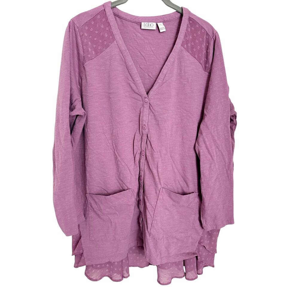 LOGO Lori Goldstein Button Front Cardigan Clip Dot Trim Lilac Rose 1XP
